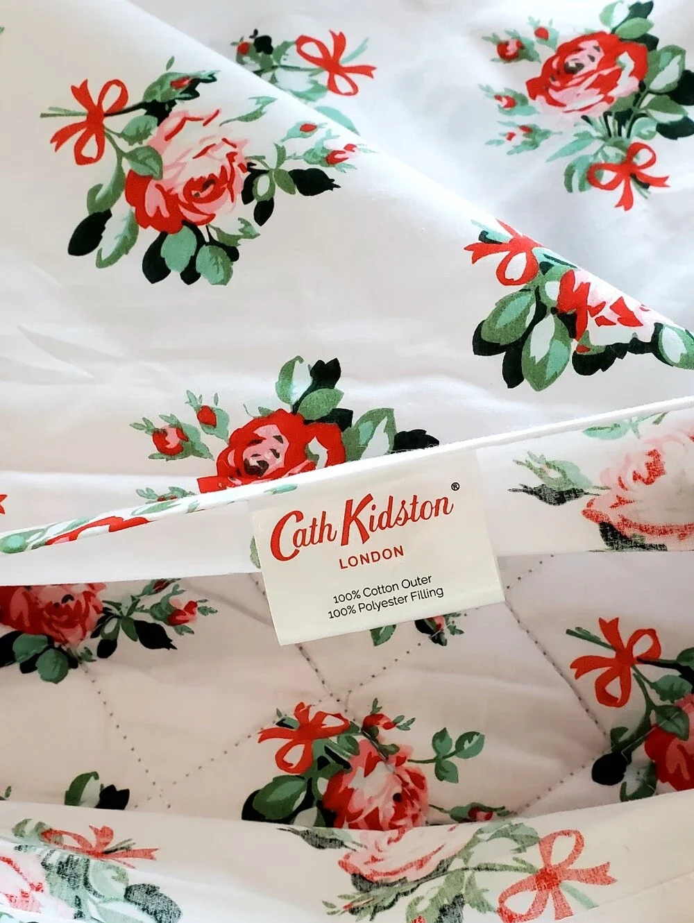 Cath Kidston Rose Bow Cotton Quilted Pillow Sham, White-Pink/Red/Green LIKE NEW